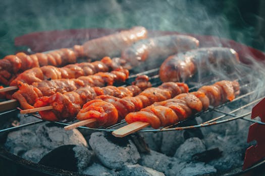 grilling meat with flames