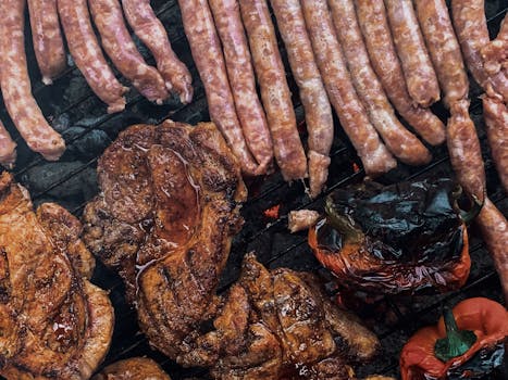 Sizzling meat on a grill